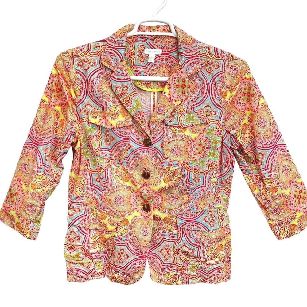 Charter Club Paisley Blazer Women M Pink Yellow 3/4 Sleeve Cotton Stretch Jacket